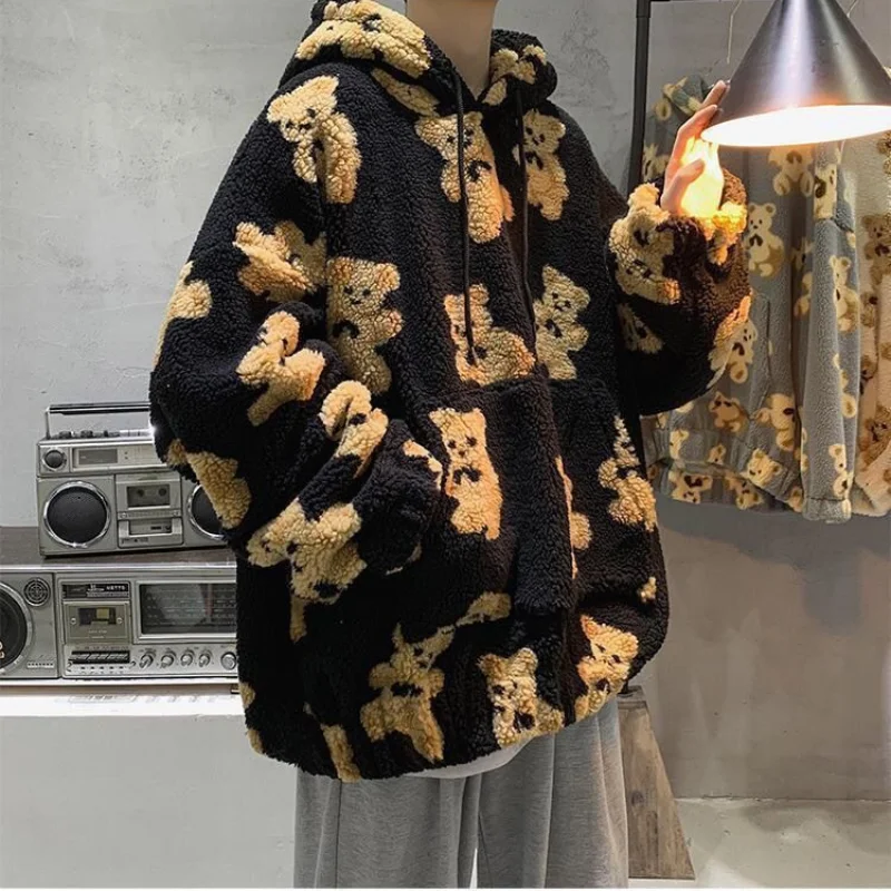 Women Lamb Hair Thick Sweatshirt Teddy Bear Cute Clothes 2023 Woman Harajuku Vintage Plush Sweatshirt Black Brown Streetwear New