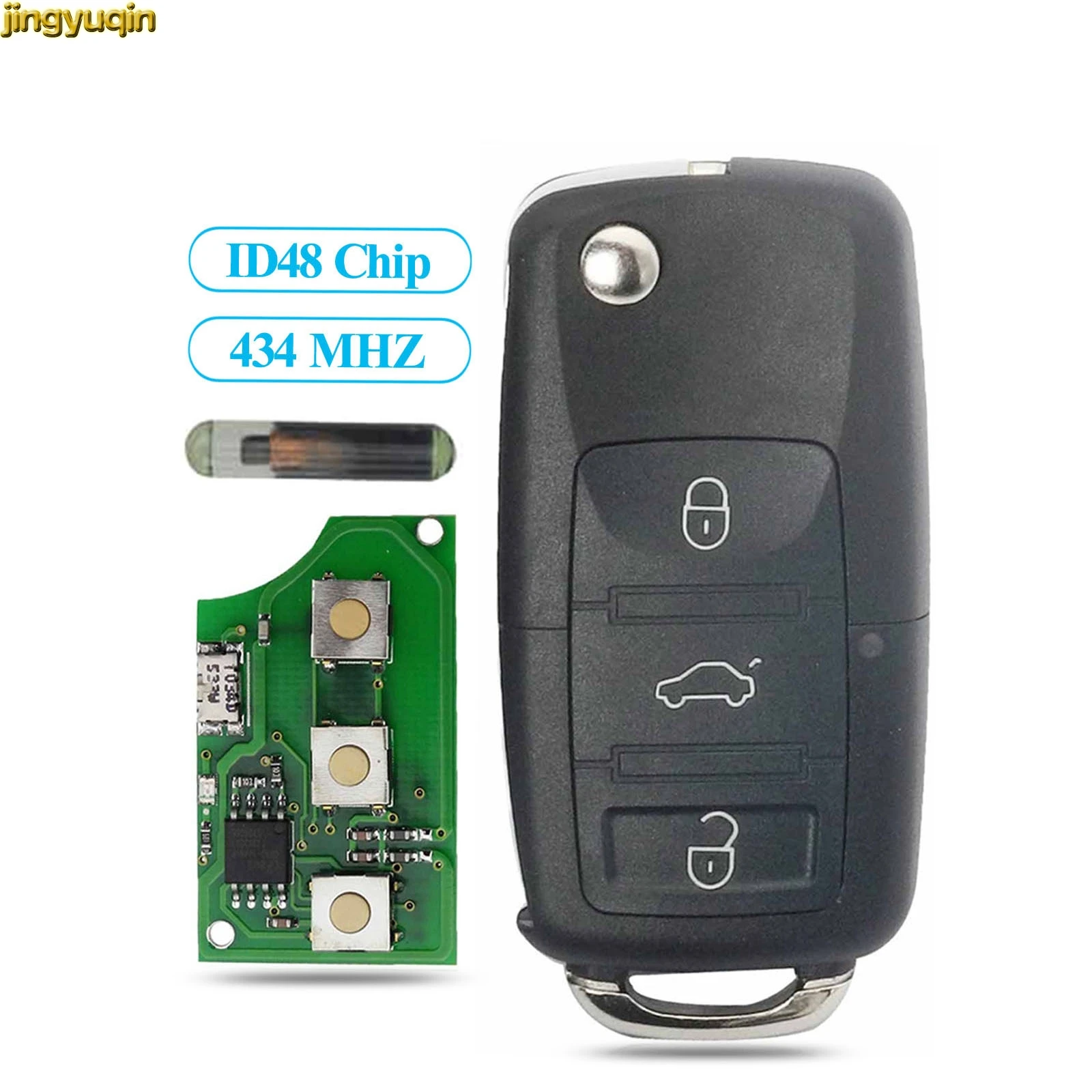 

jingyuqin 3 Button Flip Remote Car Key 1J0959753DA/AH 1K0959753G 434MHZ ID48 Chip For VW PASSAT Polo Skoda Seat Polo Golf Beetle