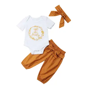 

iSNT SHE Lovely print Short Sleeve Bodysuits Tops+Dots Pants+headband 3pcs clothing set for Toddler New born Baby Girls clothes