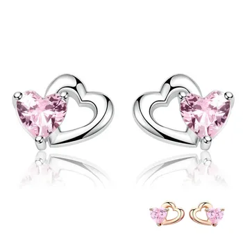 

925 Sterling Silver Double Heart to Heart Pink CZ Stud Earrings for Women Brincos Fine Jewelry Bijoux TDF090