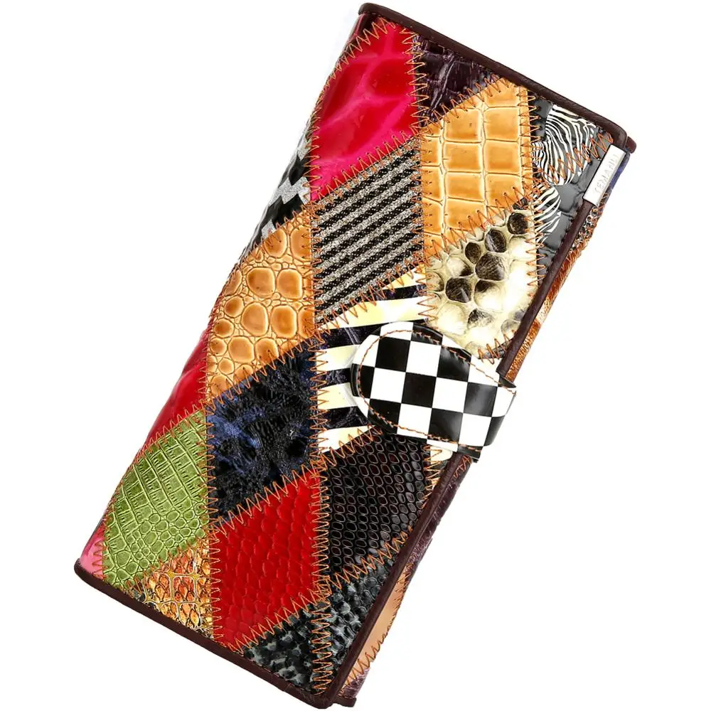 

Women's Wallet Colorful Genuine Leather Long Clutch Wallets Female Coin Purse Card Holder Fashion Designer Panelled Cash Bags