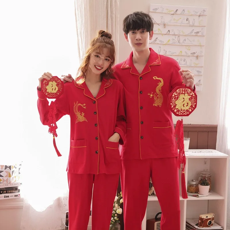 

New Style Spring And Summer Autumn Autumn And Winter Red Couples Pajamas Pure Cotton Long Sleeve Wedding Men's Tracksuit Women's