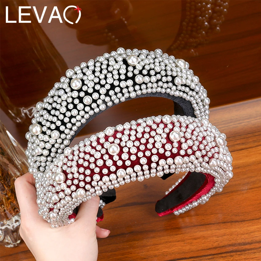 

LEVAO Full Pearl Headband Velvet Padded Hairband for Women Autumn Sponge 4.5cm Wide Thick Hair Hoop Girls Bezel Hair Accessories