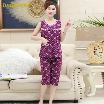 

Crew Neck New Pajamas Set Homesuit Homeclothes Fashion Style Casual Style Sleeveless Capris Pjs Women Printing Pajamas Pj Set