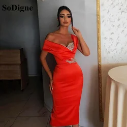 SoDigne Simple Mermaid Evening Dress Satin Beads Crystal Off The Shoulder Prom Gowns Short Formal Women Party Dresses