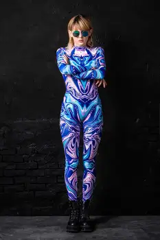 

Women Psychedelic Painted Printed Future Clothes Halloween Cosplay Costume Carnival Party Gothic Punk Sharp Dance Jumpsuit
