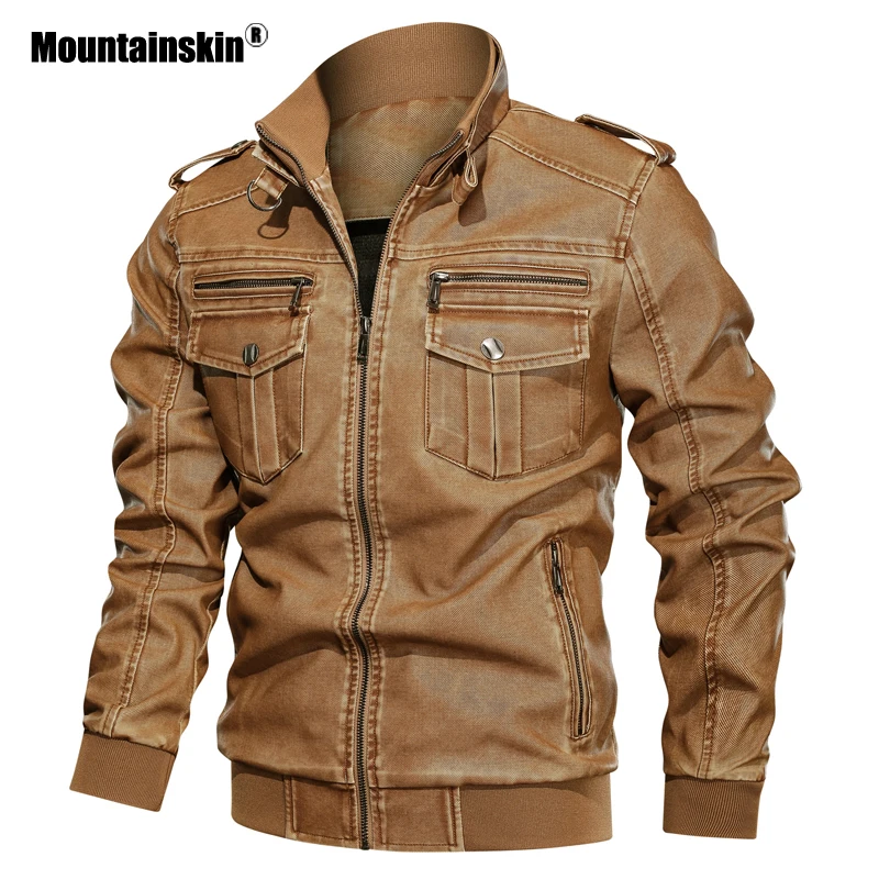 Мужская кожаная куртка Mountainskin черная ветрозащитная мотоциклетная верхняя