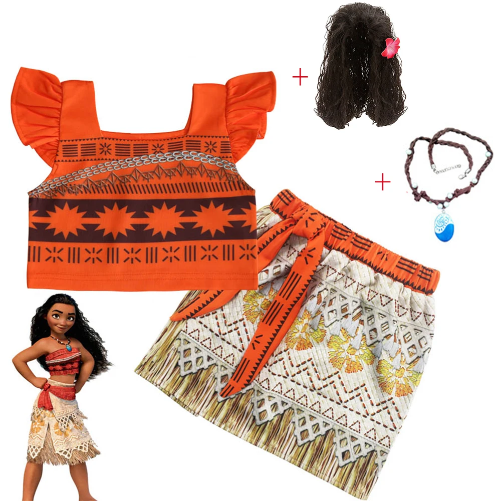 Meninas Moana Vestido Crianças Cosplay Roupas Princesa Vaiana T-shirt Longa  Saia Crianças Festa de Aniversário Fantasia Com Colar Wig Set