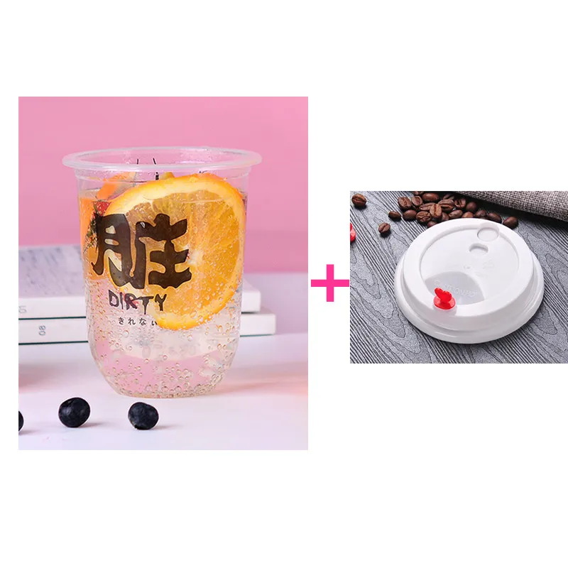 cup and lid Одноразовый жир u-образный узор креативный прозрачный молочный чай пластиковая чашка кофе напиток сок Напиток Упаковка чашки с крышкой - Цвет: cup and lid