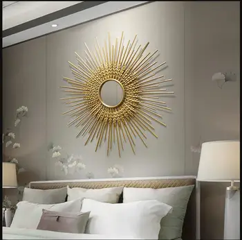

Modern Wrought Iron Decorative Mirror Wall Hangings Gold Sun Crafts Decoration Home Livingroom Sofa Background Wall Mural Decor