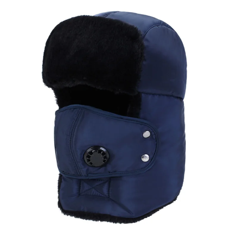 Синий Unisex Men Women Trapper Hat Earflap Snow Ski Hat Solid Color Camouflage Print Windproof Mask Caps Autumn Winter Warm Hat - Цвет: Синий
