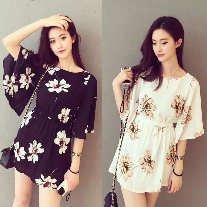 

2017 Autumn Clothing New Style Korean-style Camellia Super Was Thin Significant Leg Length Bell Sleeve Elastic Waist Dress Women