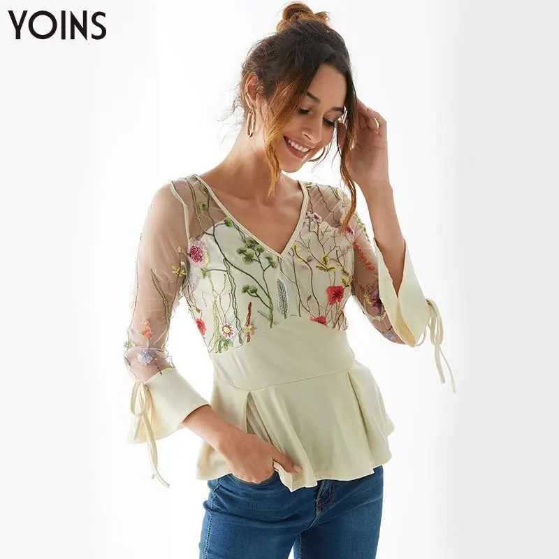 YOINS 2020 Women Blouses Bohemian Mesh Embroidered V-Neck Ruffle Hem Blouse Sexy Female Shirts Backless Blusas Casual Tops Femme | Женская