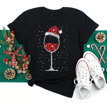 Copo de vinho feminino Chapéus Natal Camiseta preta Maycaur, presentes de Natal, top dos desenhos animados, Harajuku moda, ano novo
