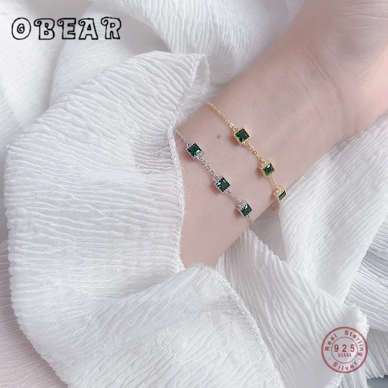 

OBEAR 100% 925 Sterling Silver Square Green Zircon Bracelets Elegant Luxurious Womens Bracelets Jewelry Girls Gift