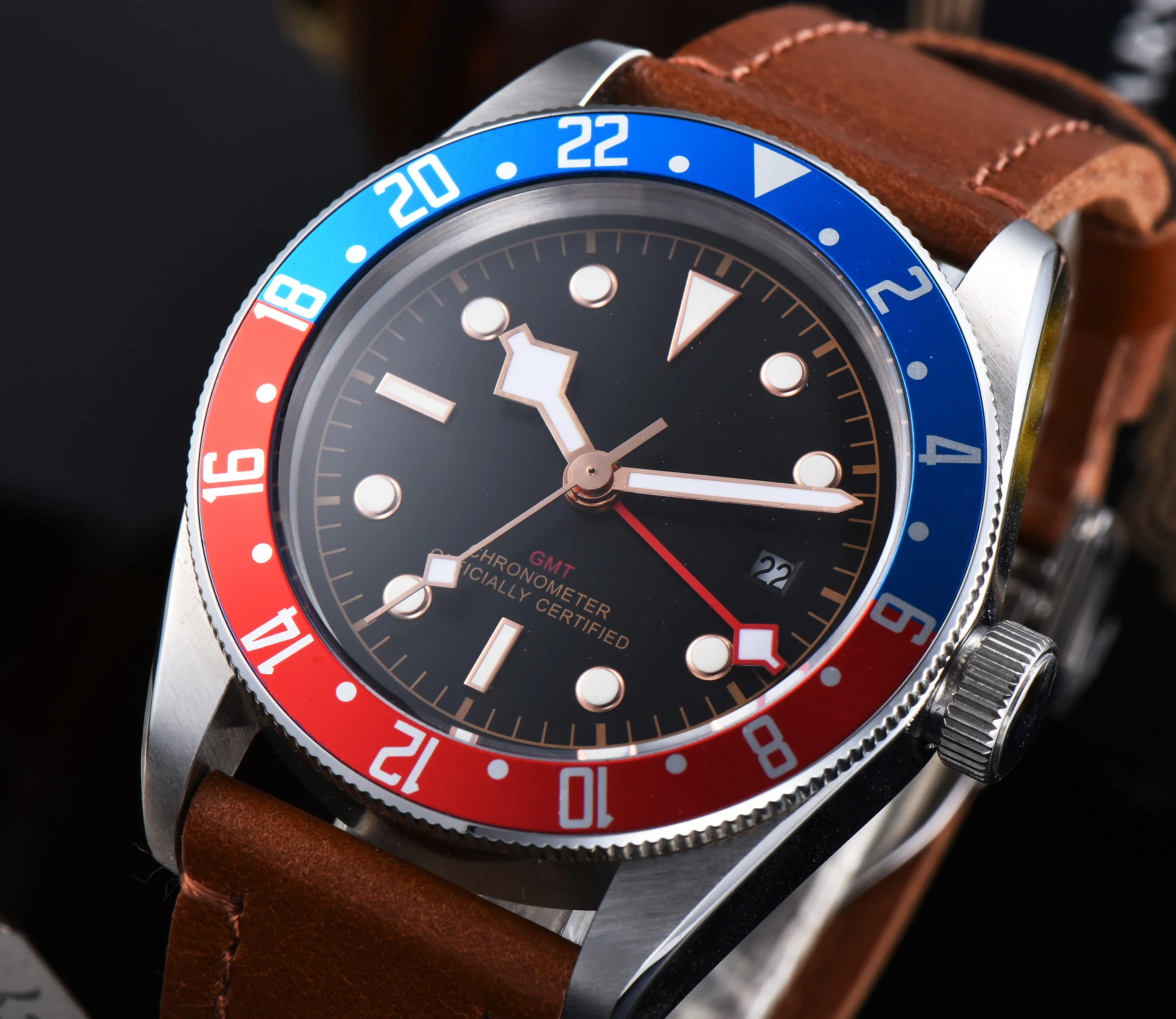 Corgeut 41 мм GMT часы черный циферблат Bay черный и красный ободок кожа механические мужские часы с автоматическим подзаводом