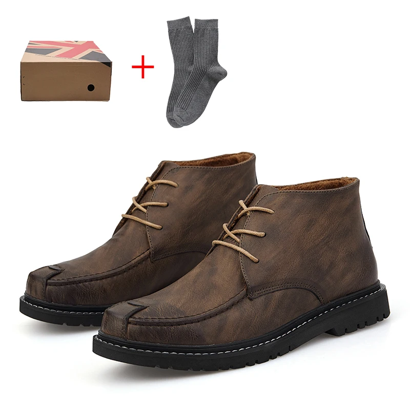 Brown with sock Мужские ботинки в классическом стиле; зимняя теплая обувь с большим ворсом; Уличная Повседневная обувь; модная мужская обувь; обувь с низким верхом; Цвет винно-красный - Цвет: Brown with sock