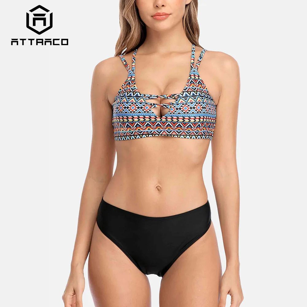 

Attraco Women Low Waist Bikini Set Swimwear Wave Printed Cross From Swimsuit Bandaged Bathing Suitt Sexy Beachwear