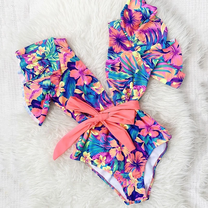 Bikini Suit Floral Print One Piece Slim Swimwear Women Thong Sexy Backless Monokini High Leg Boho Style Swimsuit Push Up Biquini