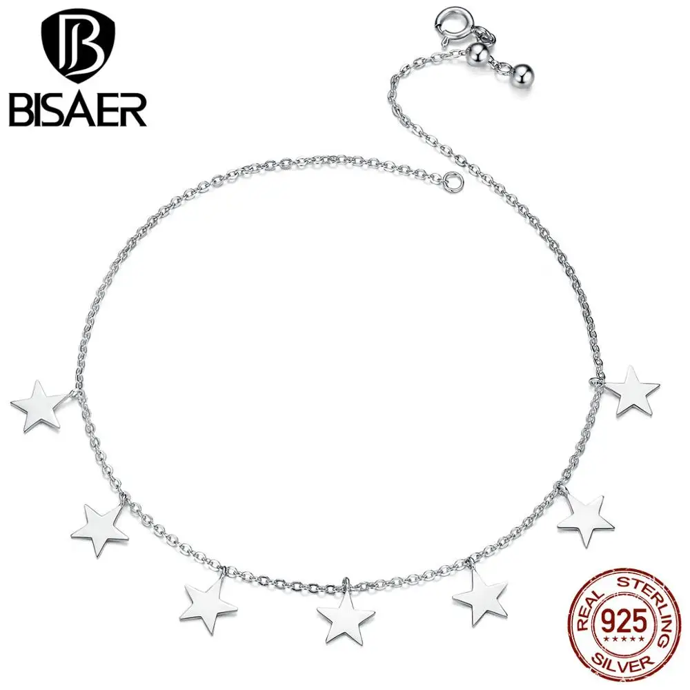 BISAER, модный ножной браслет, ювелирное изделие, 925 пробы, серебро, для женщин, простой, классический, звезда, ножной браслет, женские роскошные ювелирные изделия, свадебный подарок, GXT008