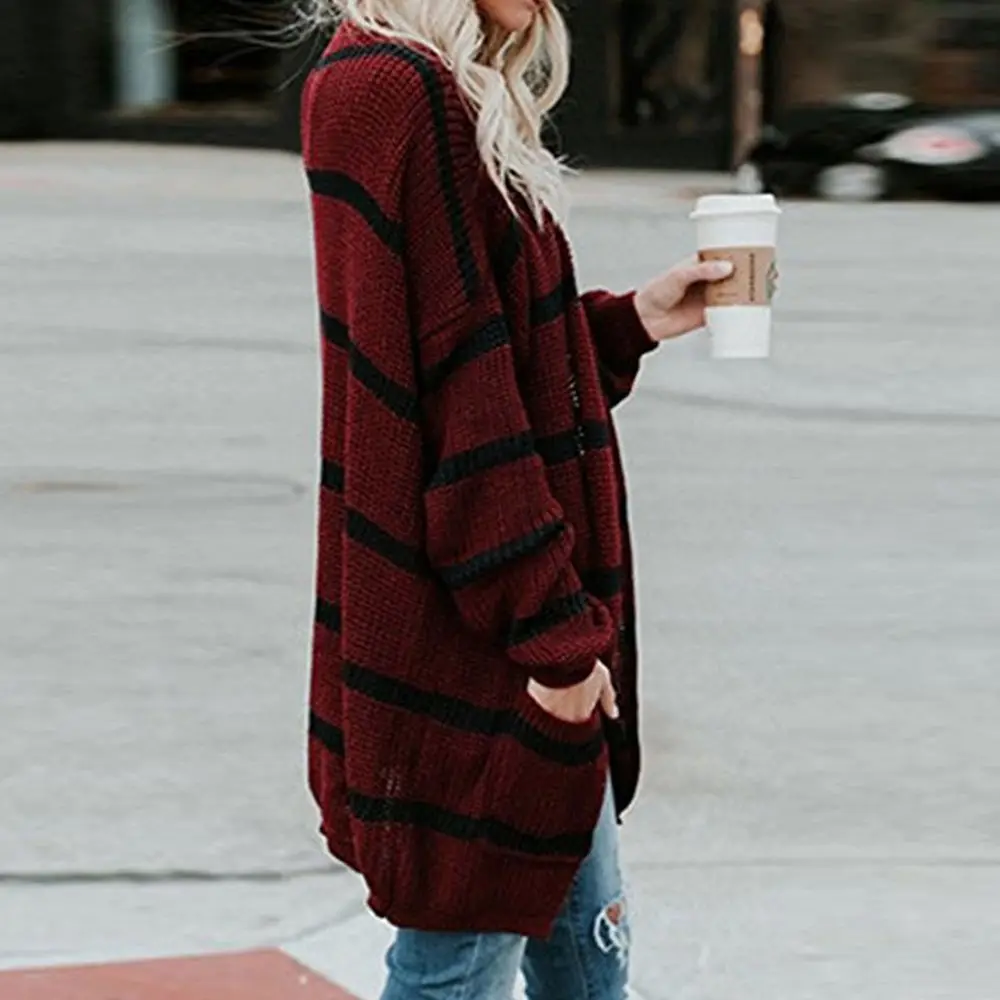 New Autumn Cardigan Women's Open Stitch Knitted Striped Cardigan Sweater Female Jumper Coat Plus Size Clothes Outwear