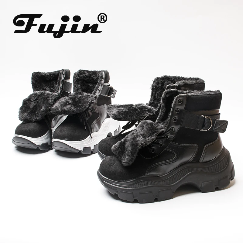 Fujin/женские зимние ботинки Модные теплые женские ботильоны на толстой подошве