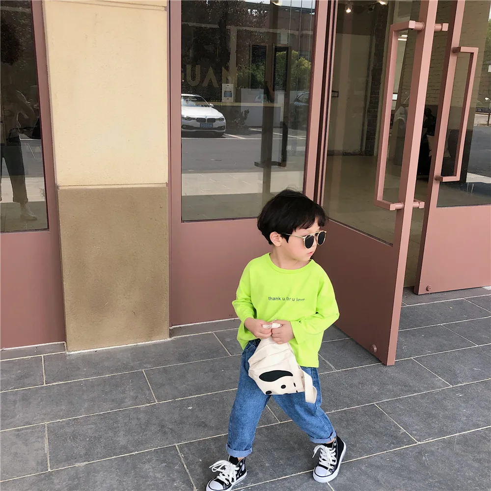 Весна-Осень, детские футболки с буквенным принтом хлопковые Свободные топы для мальчиков и девочек, одежда для детей от 2 до 7 лет