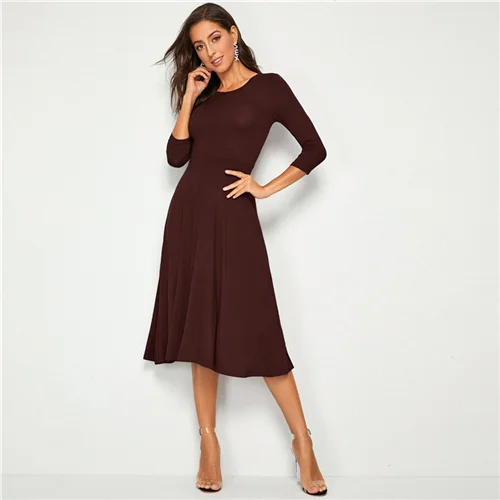 SHEIN однотонное облегающее и расклешенное эластичное элегантное платье для женщин осень 3/4 Длина рукава Высокая талия женские миди платья - Цвет: Burgundy