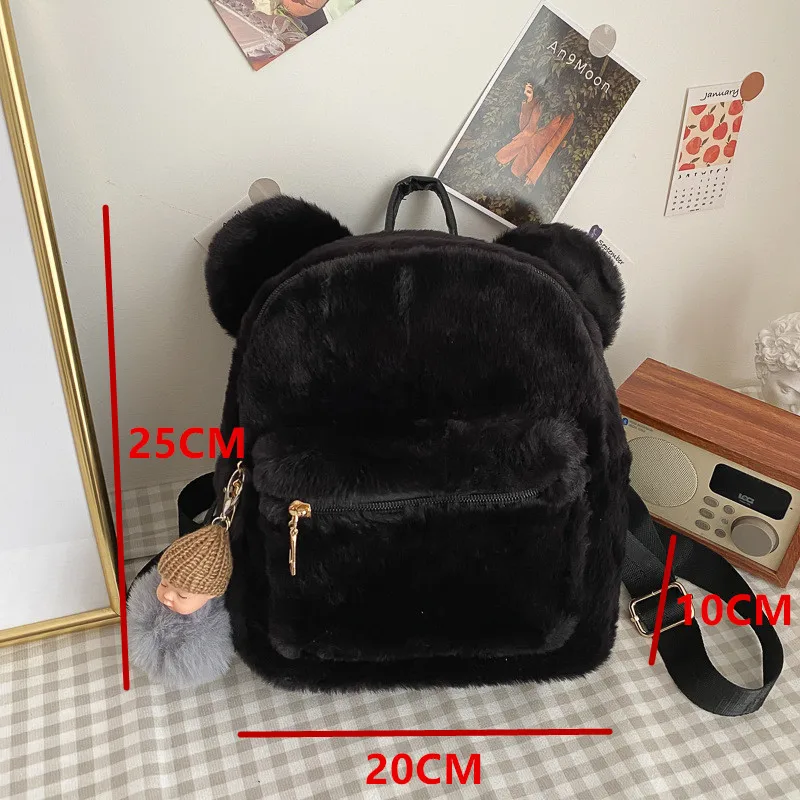 Custom Bear Faux Fur Mini Backpack Rabbit Ear Women Travel Shoulder Bags Fashion Plush Backpack Rucksack School Bag for Girls