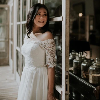 

Wedding Dress Boho Soft Lace And Chiffon Simple Half Sleeve A-Line Boat A-Line Bohemian Bridal Gowns Floor Length Women Elegant