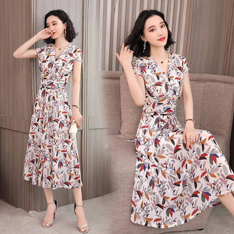 

Early Summer Floral-Print Chiffon Dress Women's 2019 Summer New Style Korean-style Waist Hugging Slim Fit Elegant Slimming over-