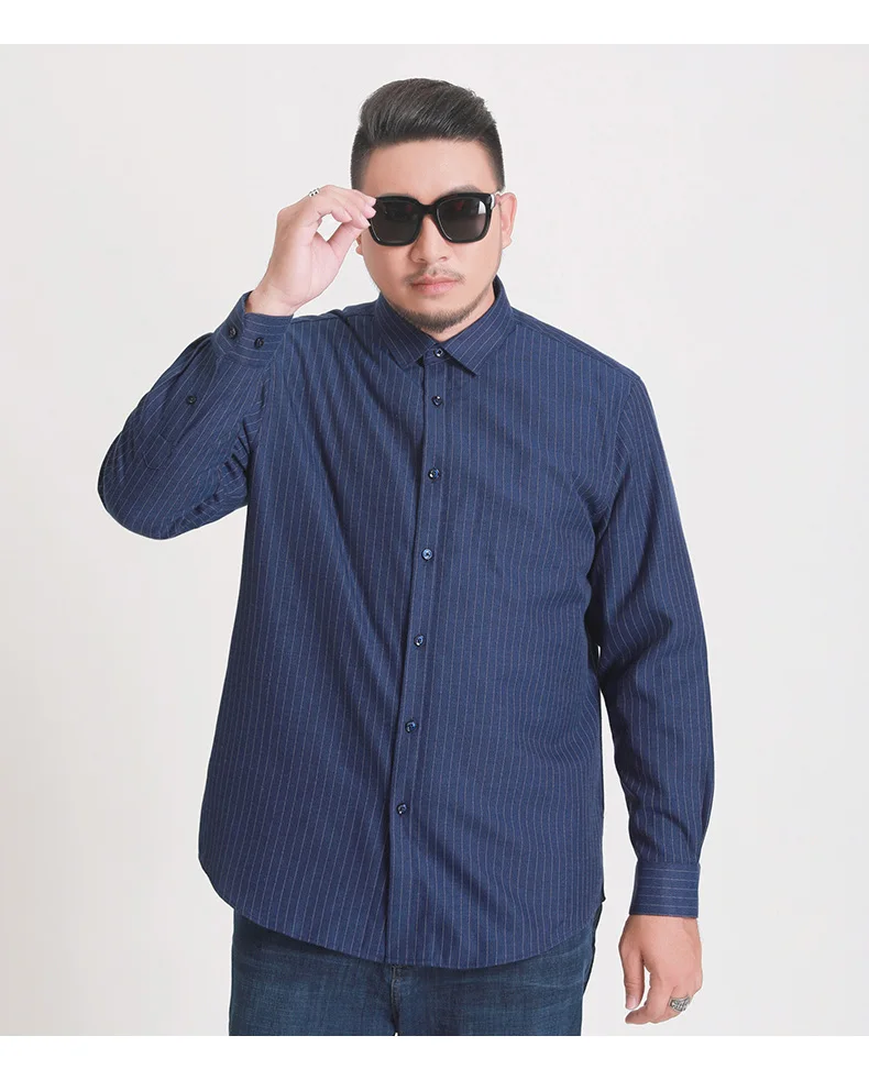 Winter Men Shirts Plus Size Brand Clothing Men's Business Casual Fat Thick Warm 90% White Duck Down Stripe Long Dress Shirt