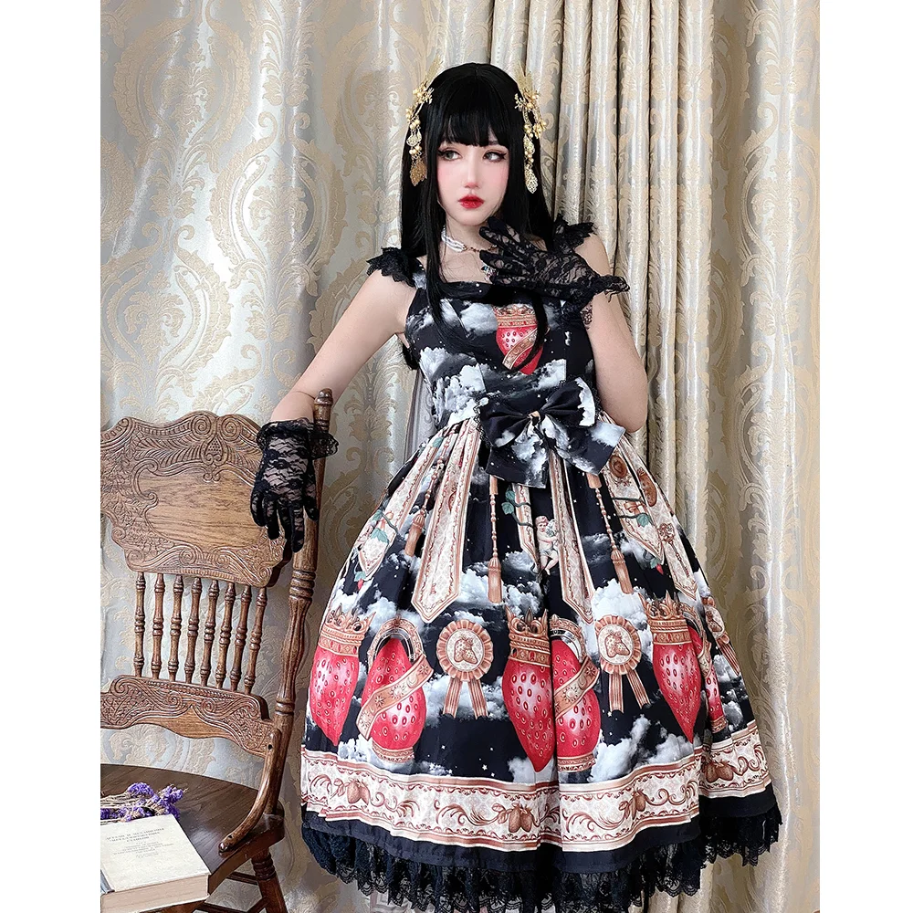 

Gothic palace sweet princess lolita strap dress vintage high waist printing victorian dress kawaii girl gothic lolita cos loli