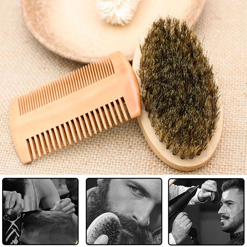 

2pcs Oval Bristle Wooden Beard Brush with Bag Double Sided Men Mustache Comb Hairdresser Kit C55