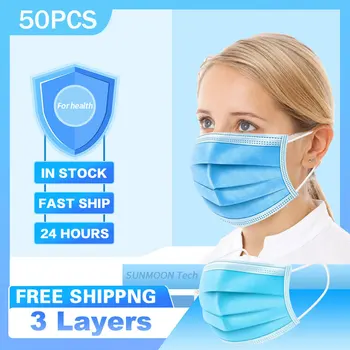 

50Pcs Disposable PM2.5 3 Layers Influenza Dustproof Face Mouth Masks Non-woven Melt Blown 3-layer Soft Breathable Mask