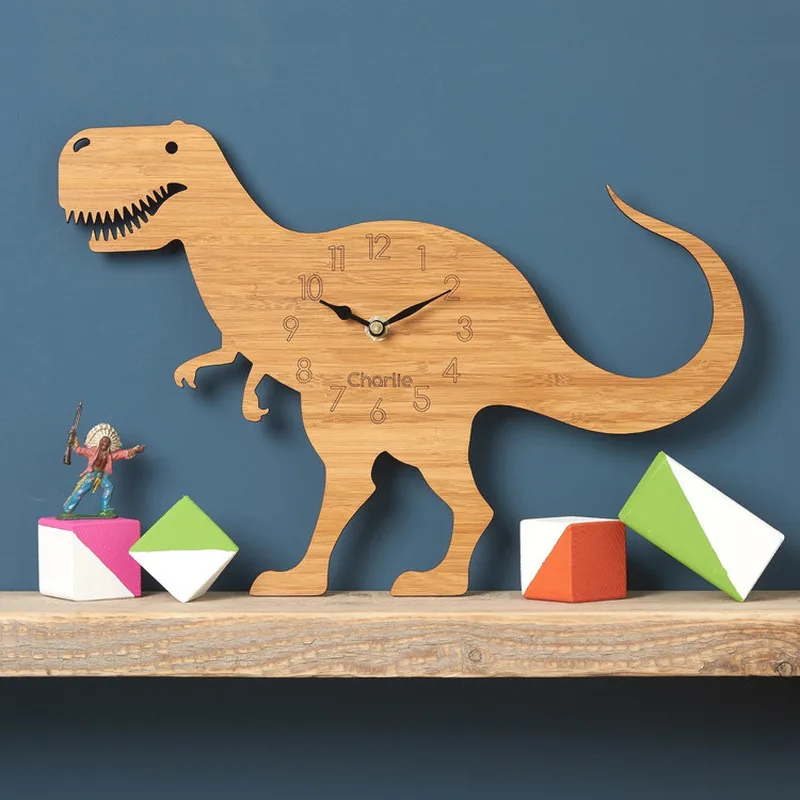 Bamboo Wood Cartoon Dinosaur Wall Clock