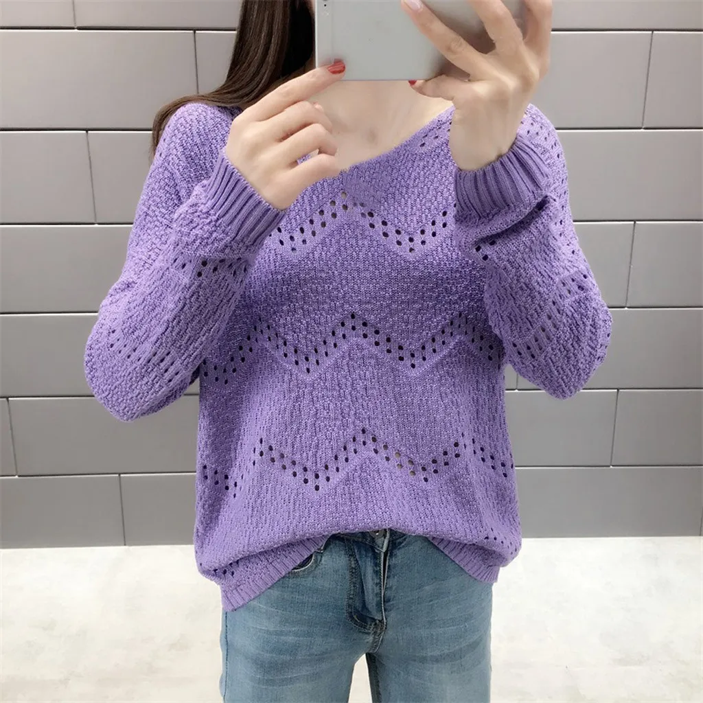 Jaycosin Fashion Women Casual Simple Long Sleeve Knitting V-Neck Sweater Stylish Comfortable Bottoming Hollowed Out Sweater
