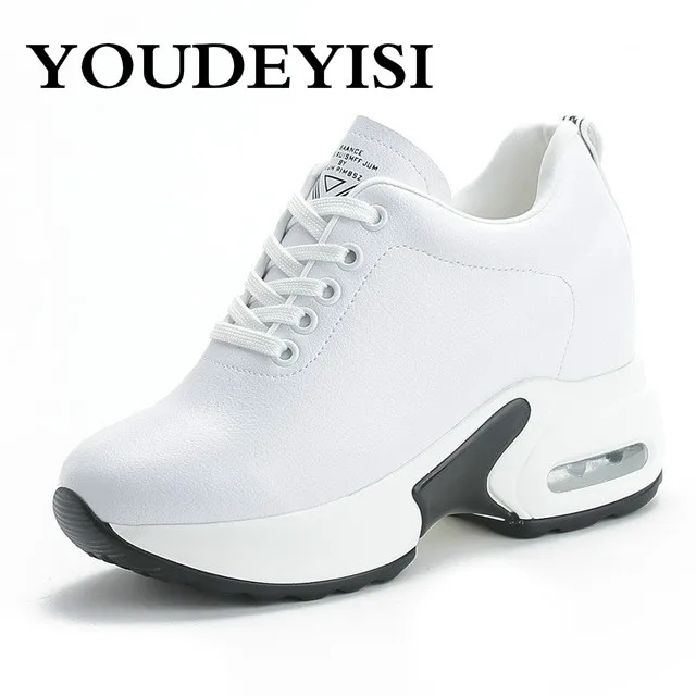 

Women Invisible High Heels Wedges Casual Shoes Leather Lace Up Platform Sneakers Spring Flats Vulcanization Sports Walking Shoe