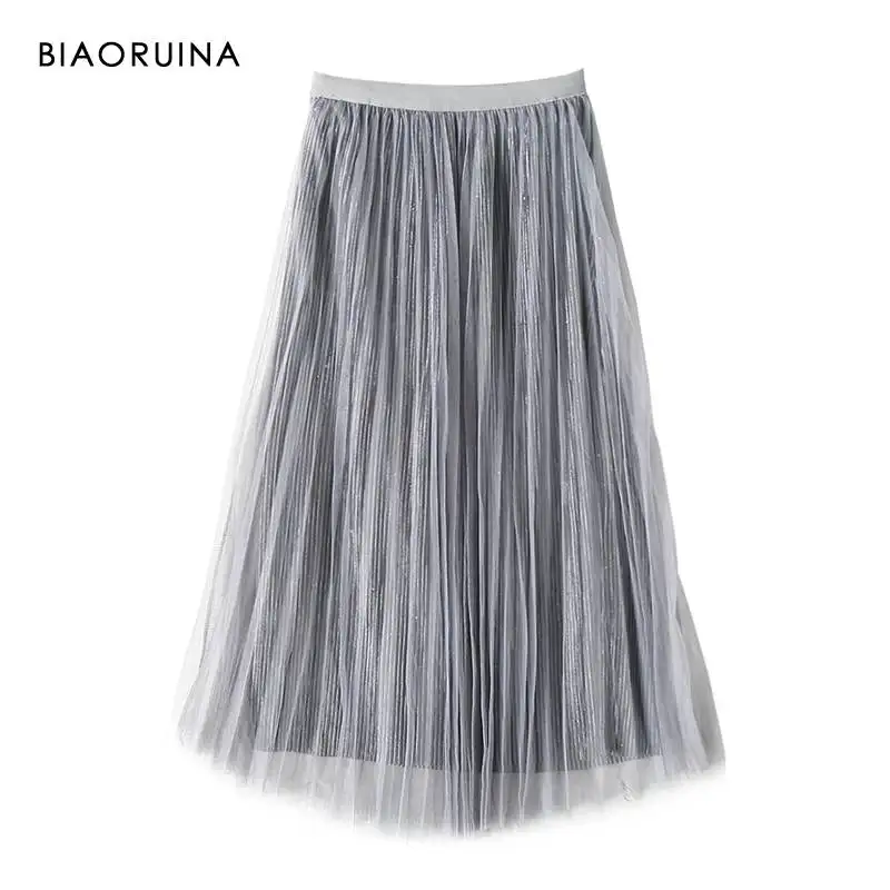 grey(with sequines) BIAORUINA, 5 цветов, атласная Лоскутная сетчатая женская повседневная юбка в складку, женская элегантная Однотонная юбка до колена, один размер - Цвет: grey(with sequines)