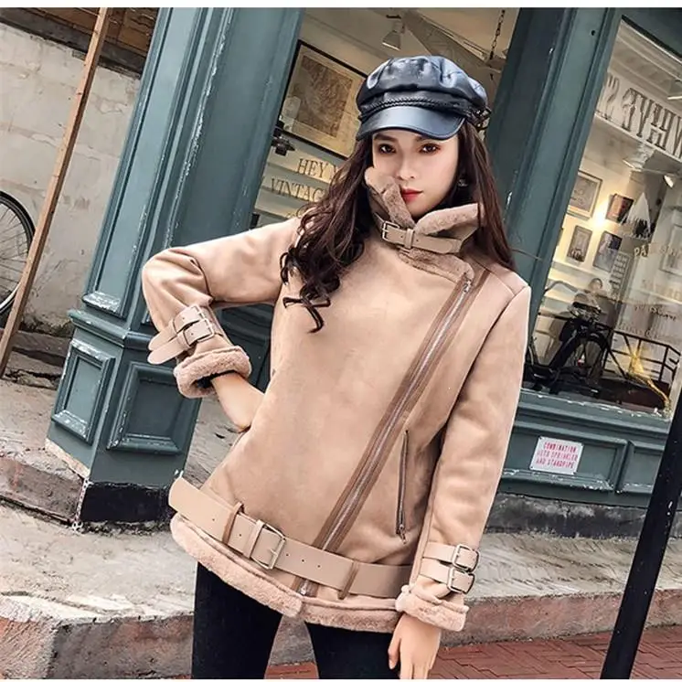 

Women Winter Faux Leather Lambs Wool Coat Thick Warm Suede Leather Jackets Casual Loose Motorcycle Deerskin Outwear