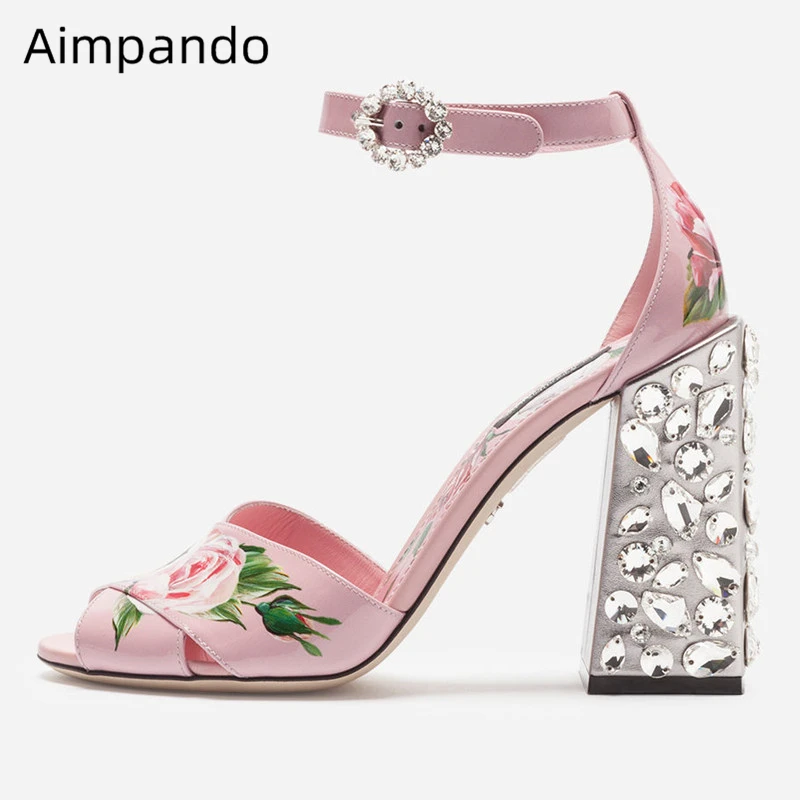 

New Summer 2020 Printed Rose Flower Sandals Women Genuine Leather Jeweled Diamond Chunky Heel Cross-belt Rhinestone Sandalias