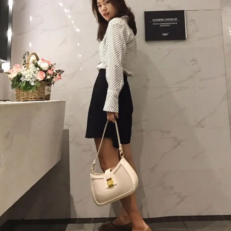 

Women's Fashion Designer Genuine Leather Stitching Handbag Metal Buckle Mini OL Baguette Bag Shoulder Bag Crossbody Bag