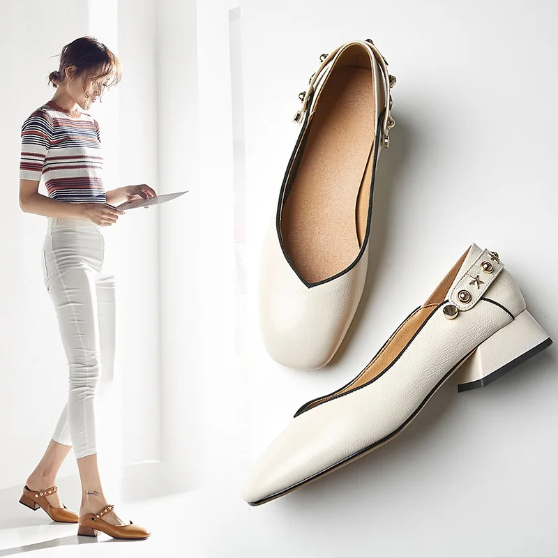 

2019 Spring New Style Spring Low Heel Low-Cut Straight-line Buckle Genuine Leather Retro Buckle Leather Shoes Off-white Square H