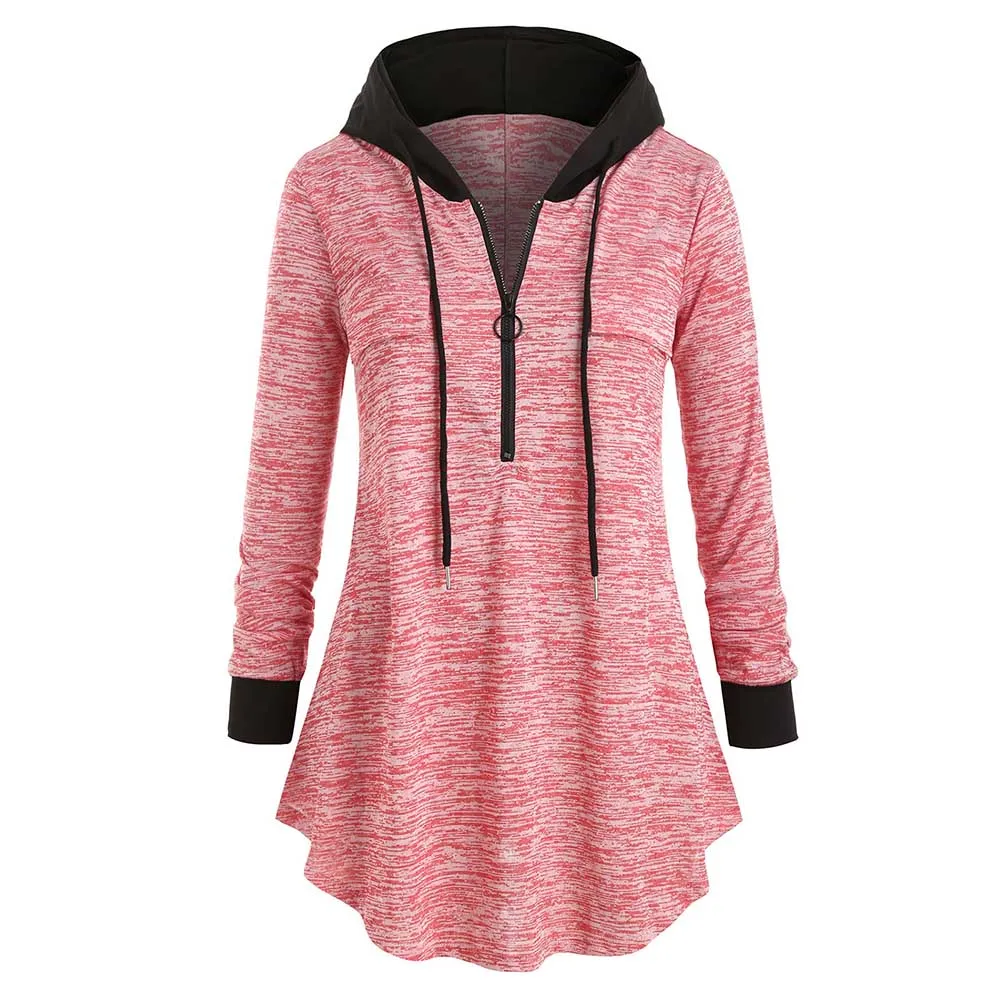 

ROSEGAL Plus Size Space Dye Half-zip Hooded Tunic Top Zippers Long Sleeve Women Sweatshirts Lace Up Casual V-neck Pullovers Fall