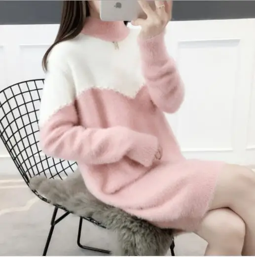 Pink Женское платье-свитер из мягкой норковой шерсти, Осень-зима, толстые вязаные топы, пуловеры для женщин, трикотажное платье с высоким воротом, H158 - Цвет: Pink