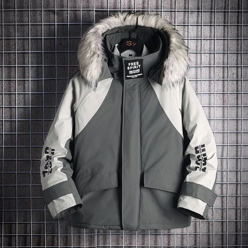 Dark gray Толстый меховой воротник с капюшоном мужская зимняя куртка и пальто ветрозащитные мужские парки ветровки мужские пальто ABZ598 - Цвет: Dark gray