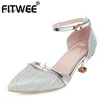 

FITWEE Women Sandals Pattern Leather Pointed Toe Shoes Women Buckle Sweet Heels Cover Party Wedding Bling Zapatos Size 33-48