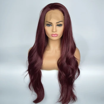 

Long Deep Red Brown Natural Body Wave Cosplay&Drag Queen Make up Heat Resistant Fiber Hair Synthetic Lace Front Wigs for Women