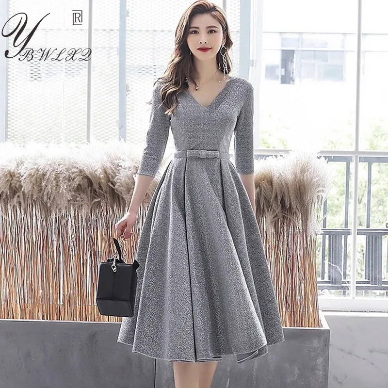 

Women Luxury Dress Fashion Elegant O-Neck Three Quarter Sleeve Slim Waist A-Line Reception Dress Evening Shiny Lady Party Dress