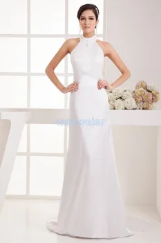 

free shipping 2018 women's formal new design hot sale brides maid white long beaded small train halter sexy bridesmaid Dress
